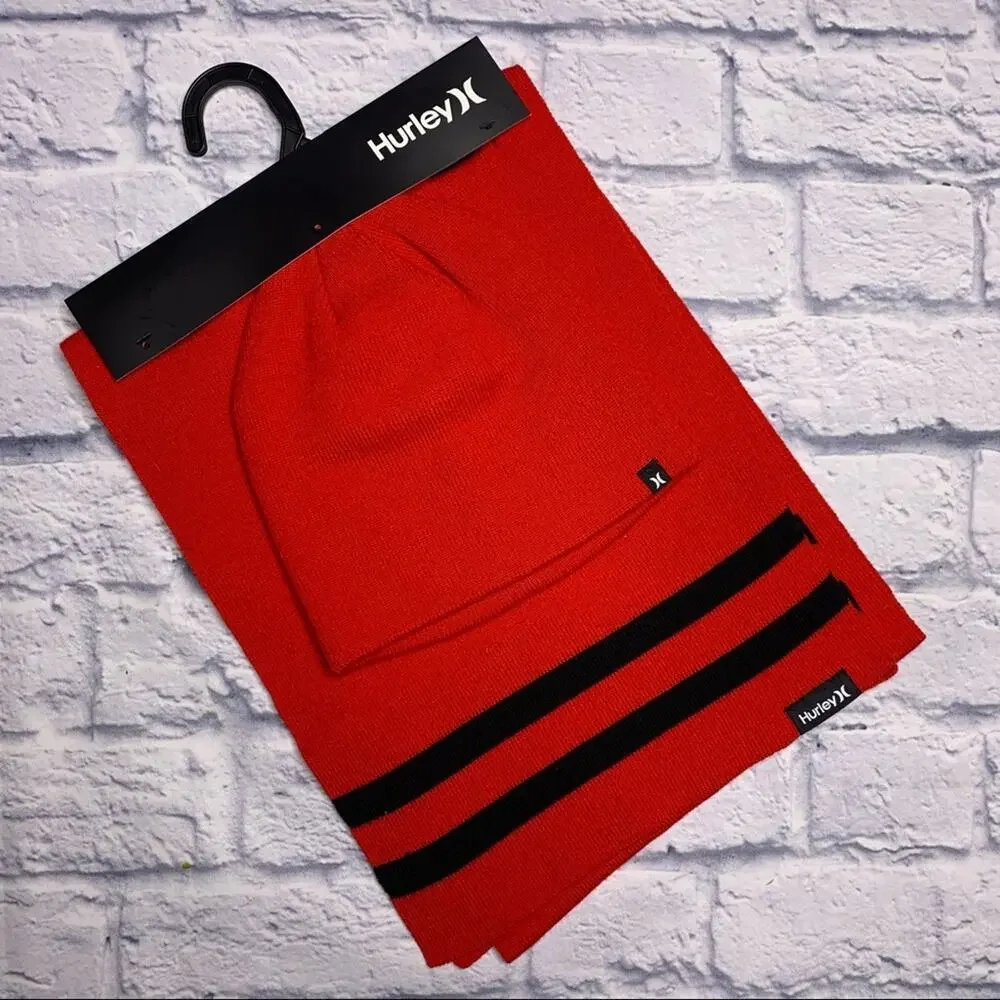 Hurley New Yorker Beanie and Scarf 2-Piece Set in Red/Black
